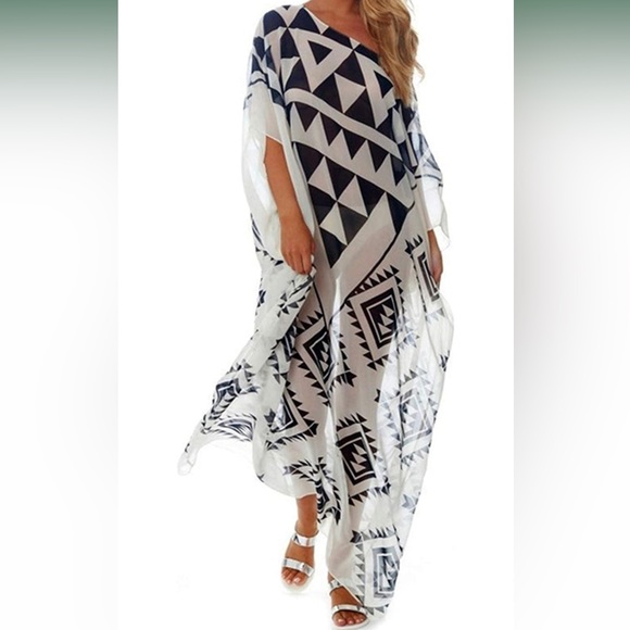 Women Loose Kaftan Swimsuit Cover Up Beach Long Casual Caftan Dress NWOT - Picture 2 of 5